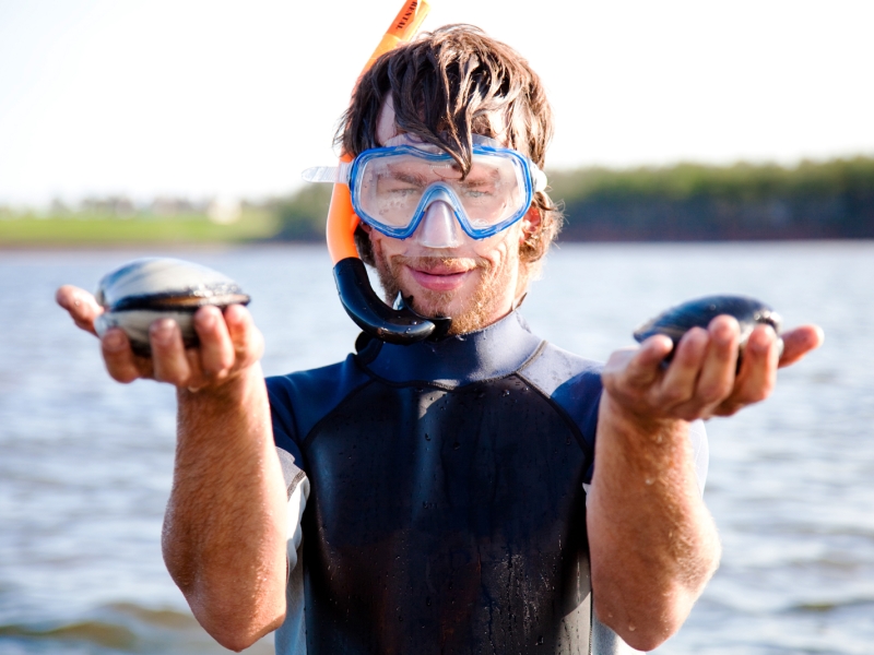 Male in snorkel gear holds a large bar clam in each hand while in the ocean