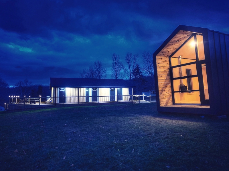 Nightfall at Meridan luxury camping cabin at Strathgartney Park, PEI