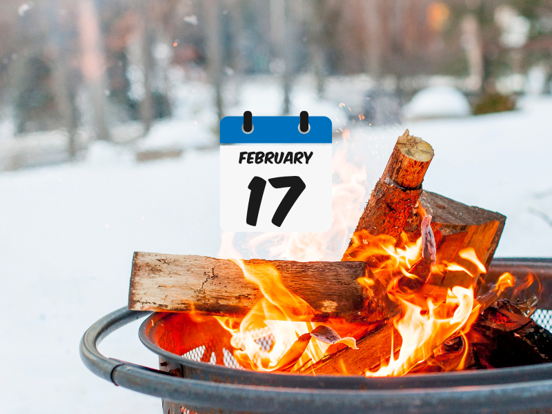 Stock image of winter outdoor fire with calendar graphic of "February 17"