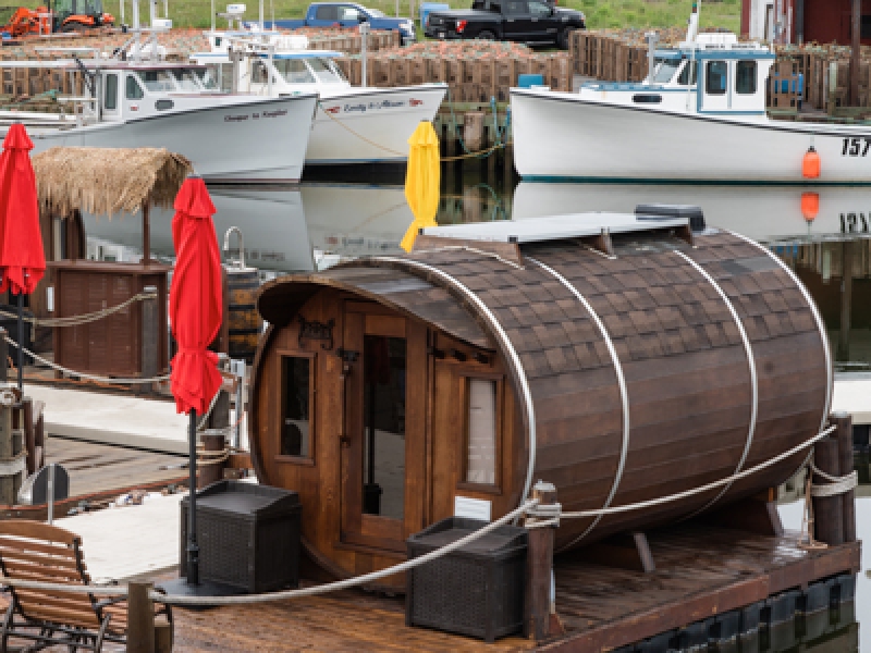 Exterior view of floating wine barrel accommodation