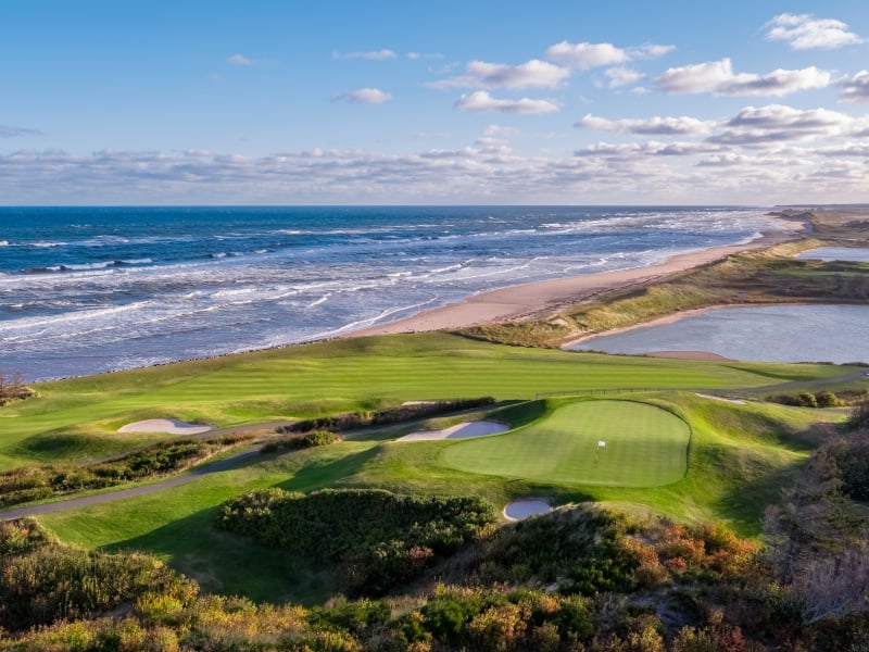 Aerial image of 11th tee at the Links at Crowbush Cove Golf Course