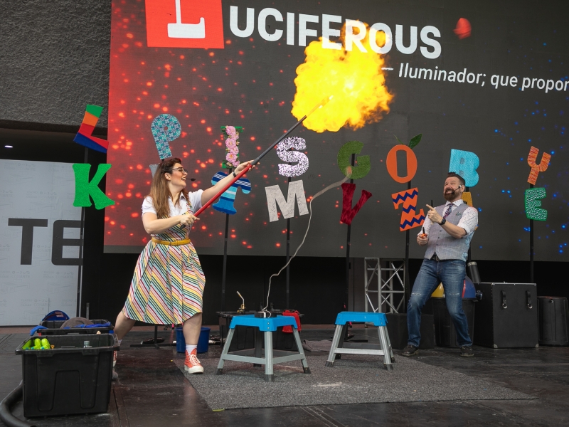 Performers of The Alphabet of Awesome Science show on stage