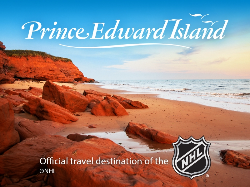 Image of PEI beach with red cliffs and text: "Prince Edward Island: Official travel destination of NHL" with NHL logo