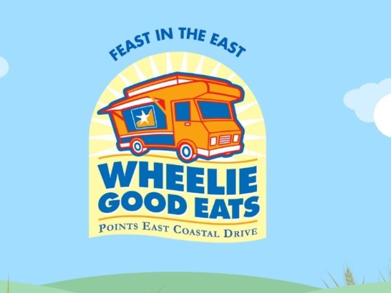 Graphic image of food truck with Points East Coastal Drive logo and text "Wheelie Good Eats"