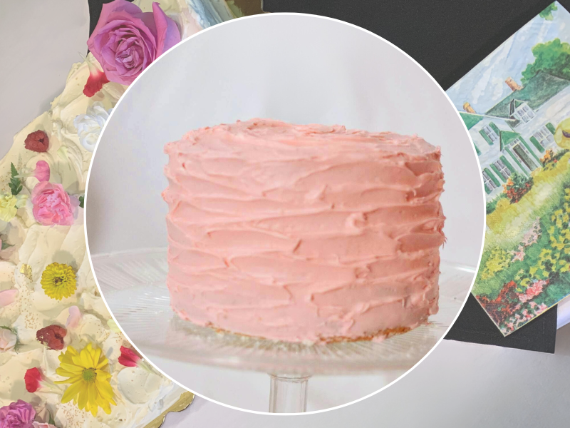 Picture insert of layer cake with pink icing over image of cake with flowers and Anne of Green Gables napkins