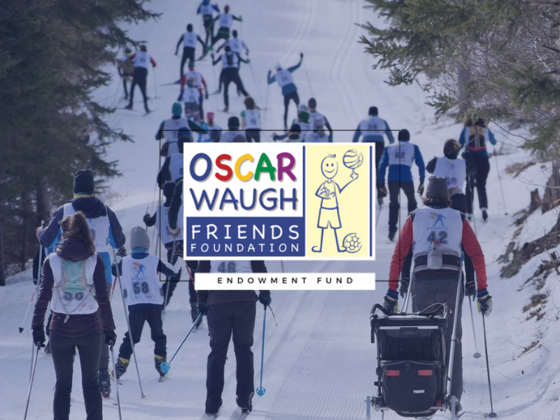 group of XC skiers in background with Oscar Waugh Friends Foundation logo in foreground