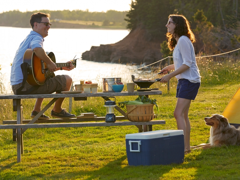 Couple Camping, guitar, backlit