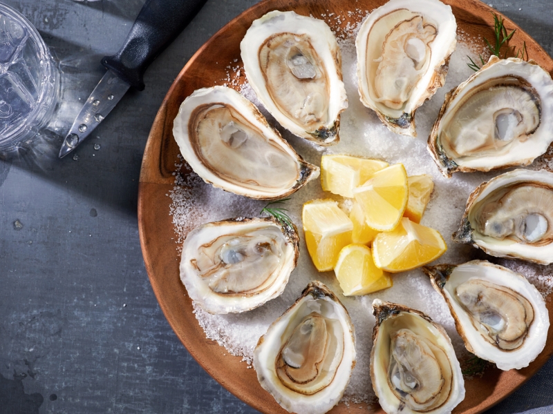 Food photography, oysters, lemon, flat-lay