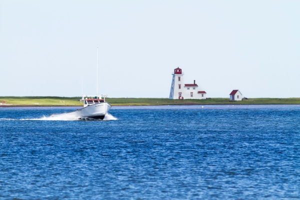 Fishing boat in Northport Harbour with Cascumpec Lighthouse in background