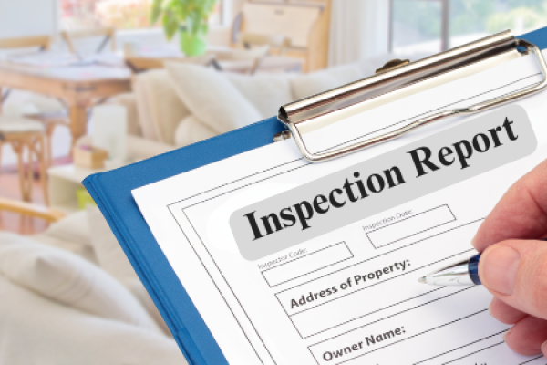 Stock image of person reviewing inspection report form in a home