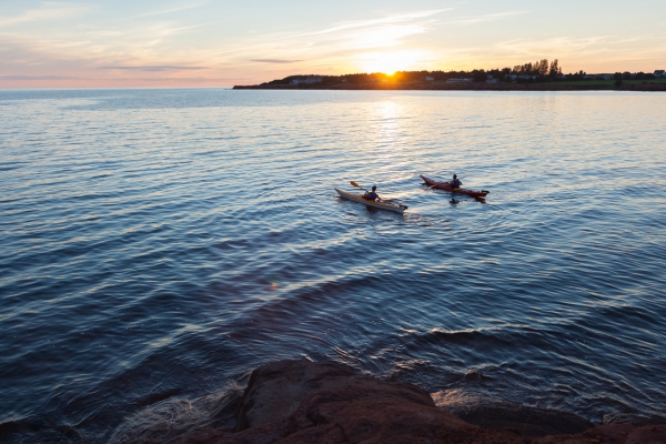 Canoe Cove, sunset, two canoes, high shot