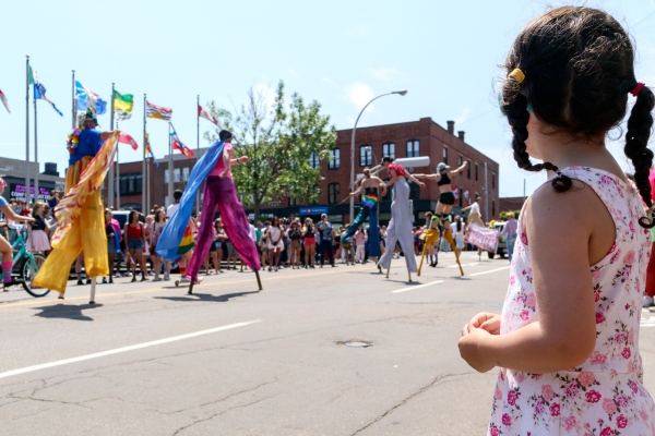 PEI Pride Parade, stilts, child, crowd