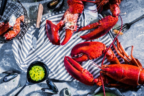 Lobster, plating, lobster claw, butter, flat lay