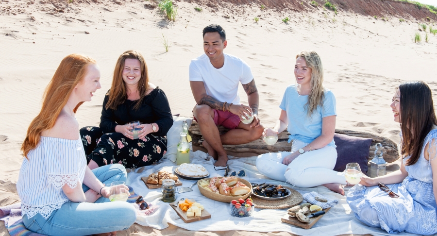 beach picnic, Group sitting, food, sand