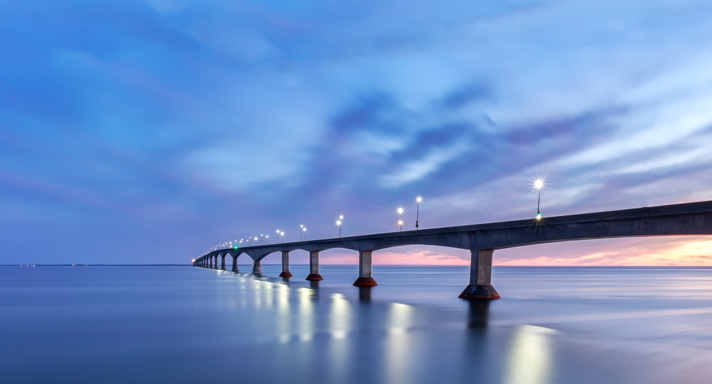 Confederation Bridge, sunset sky, ocean