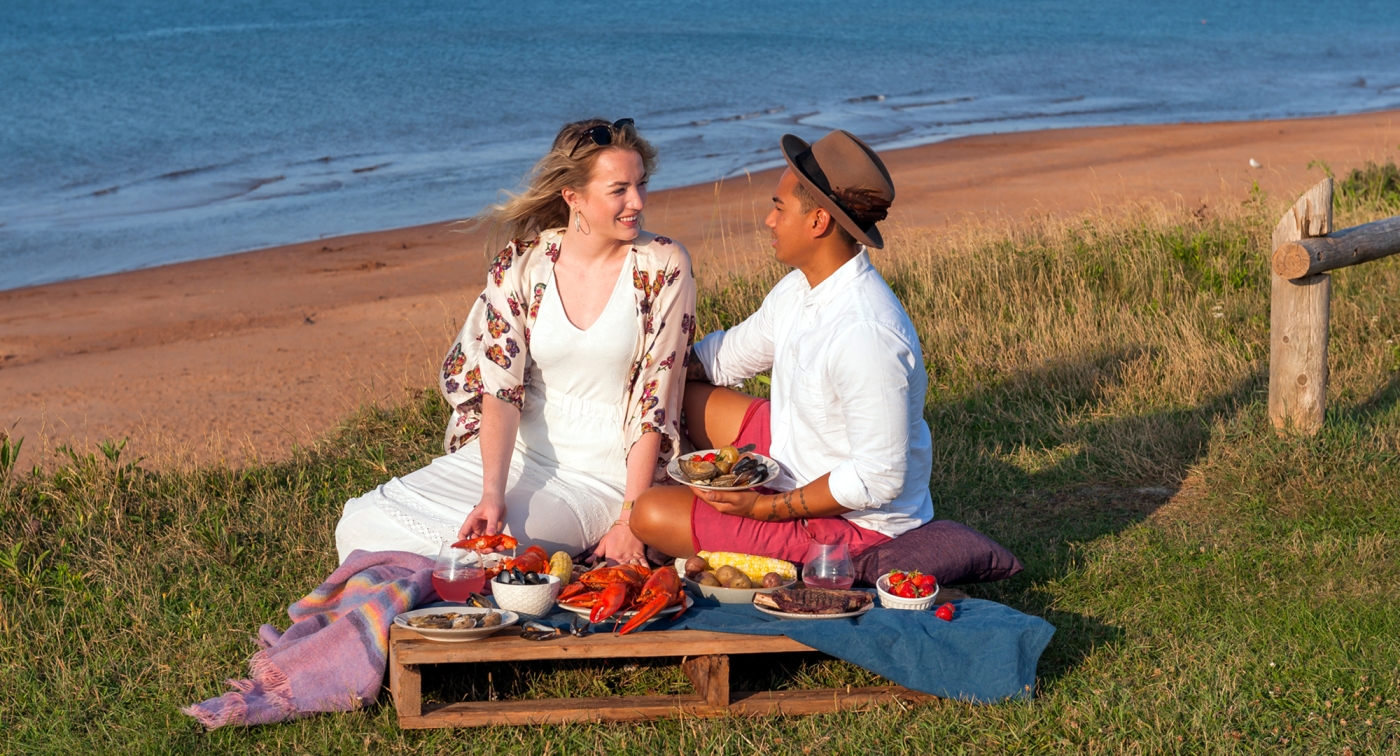 Beach Picnic, couple, ocean, grass