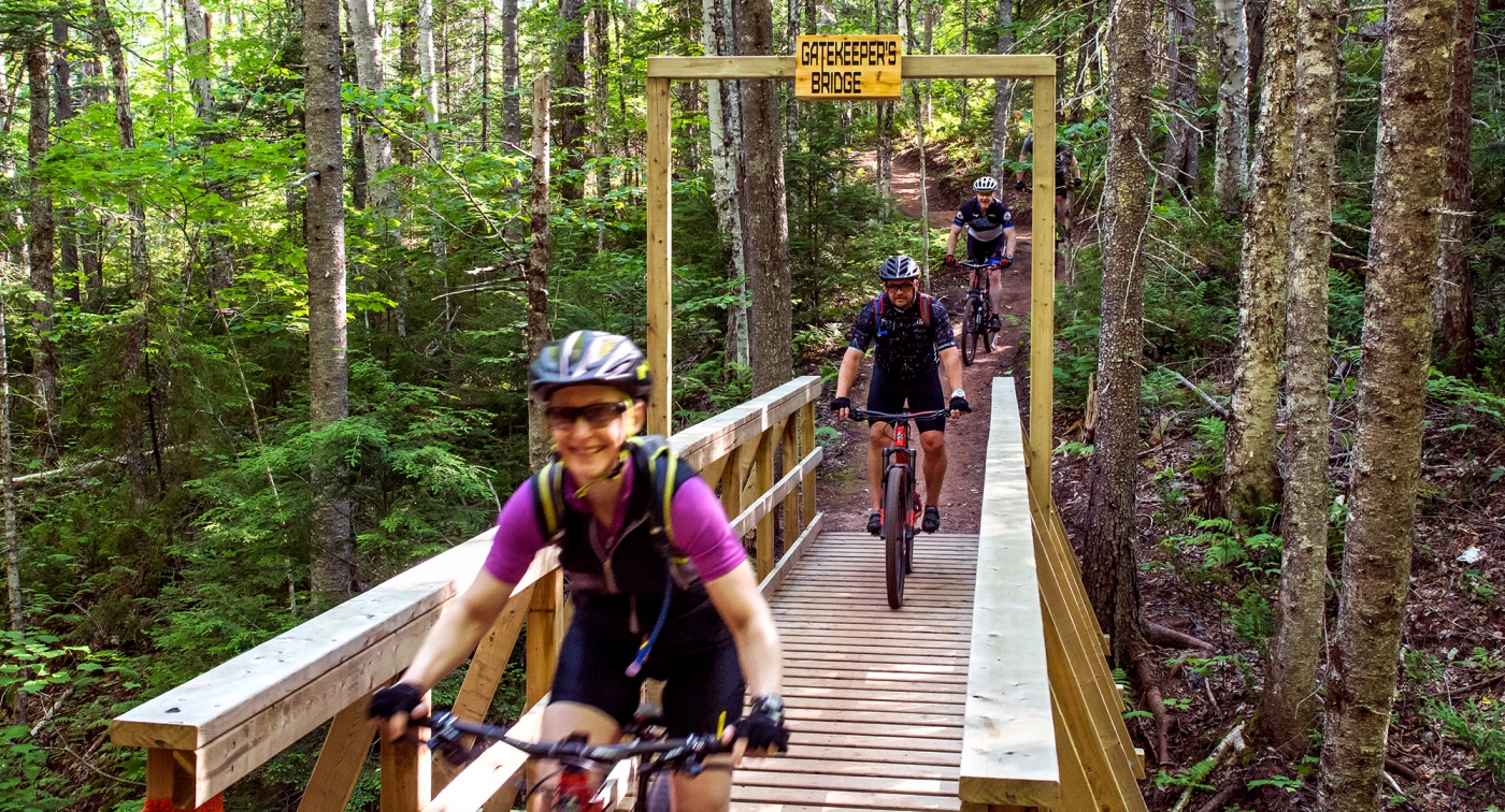 Bonshaw Hills Park Trail, bikers, wood bridge, forest