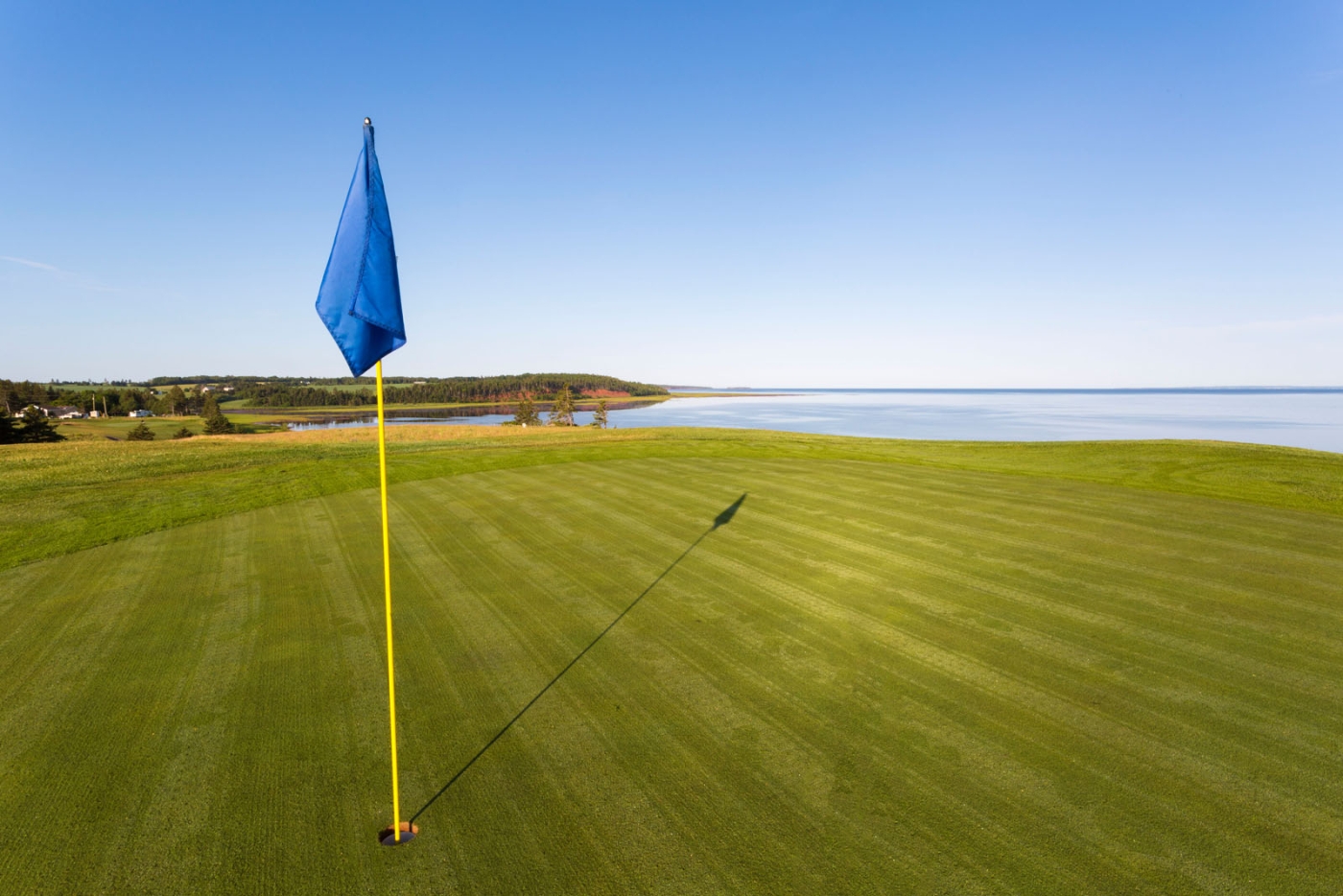 Flag in foreground with coastal view from Belfast Highland Green