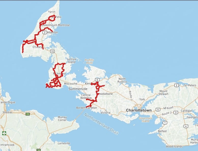Screen shot of map of PEI with ATV trails marked in red