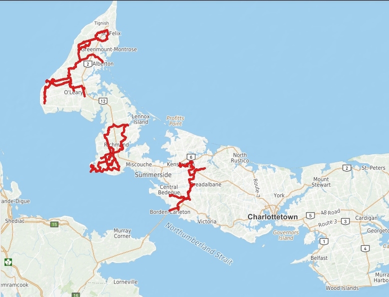 Screen shot of map of PEI with ATV trails marked in red