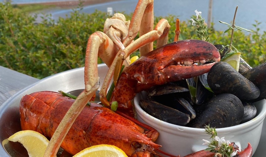 Seafood platter with steamed lobster, crab and mussels Clam Diggers Restaurant