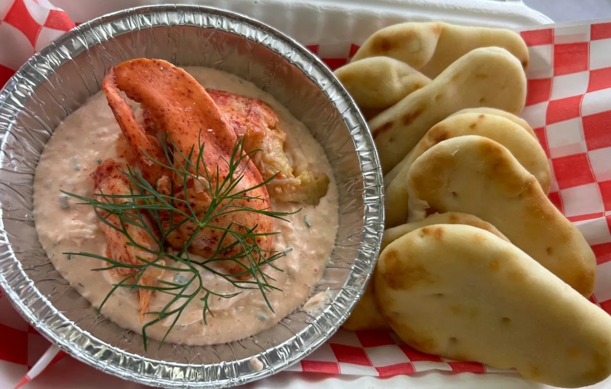 Chilled Lobster Dip in small aluminum dish with naan bread on the side, Dreadnaught Eatery