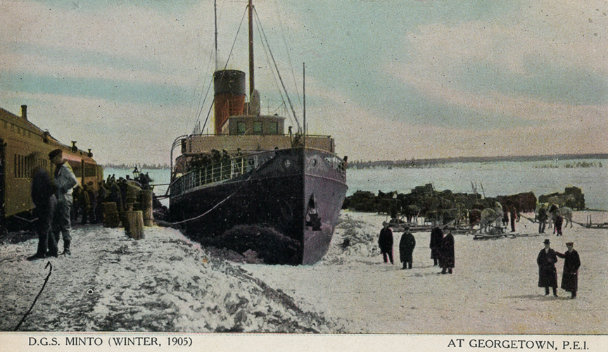 Historic postcard image of DGS Minto at Georgetown PEI, winter 1905
