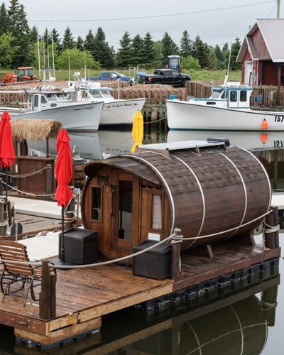 Exterior view of floating wine barrel accommodation