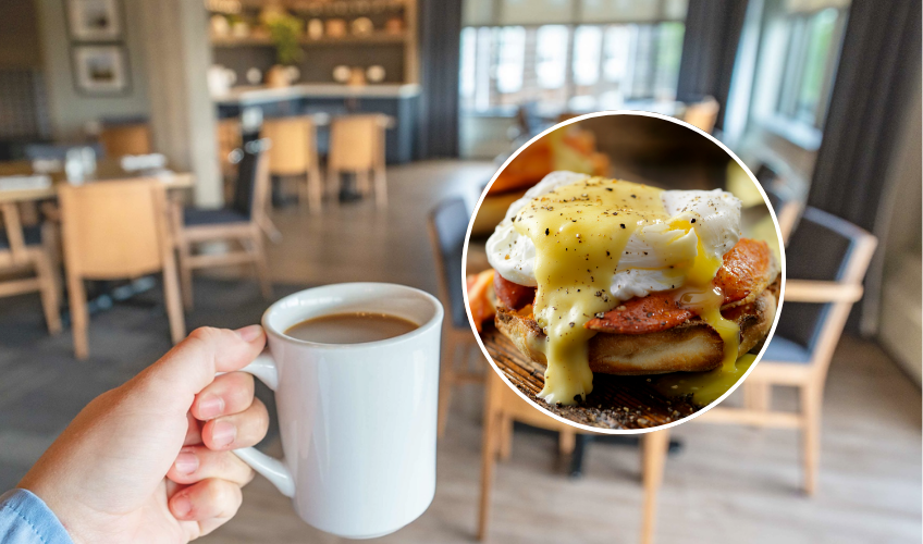 Image of Callaghan's restaurant in background with hand holding a cup of coffee; insert of Lobster Eggs Benedict on English muffin image