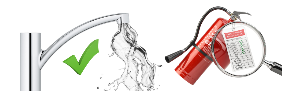 Stock image of water flowing from faucet with green checkmark and inspected fire extinguisher