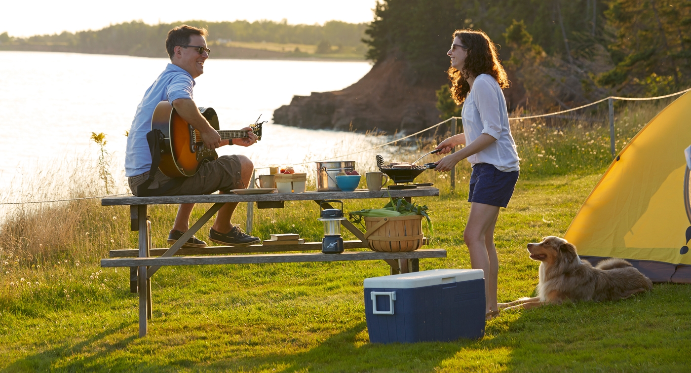 Couple Camping, guitar, backlit