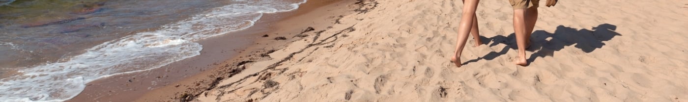 Closeup image of couple walking in sand at Basin Head Beach